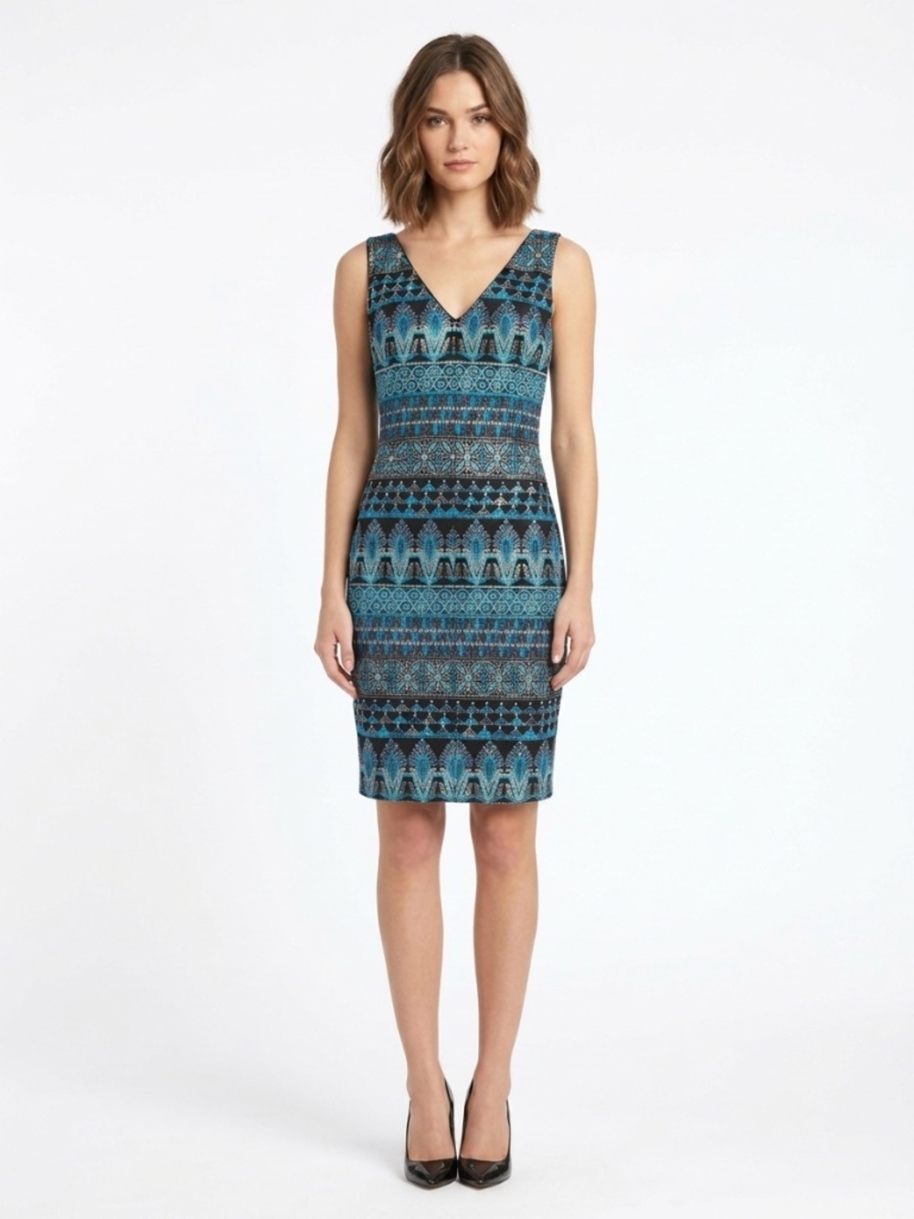 White House Black Market Blue Green Turquoise Embroidered Knee length Dress Sz 8